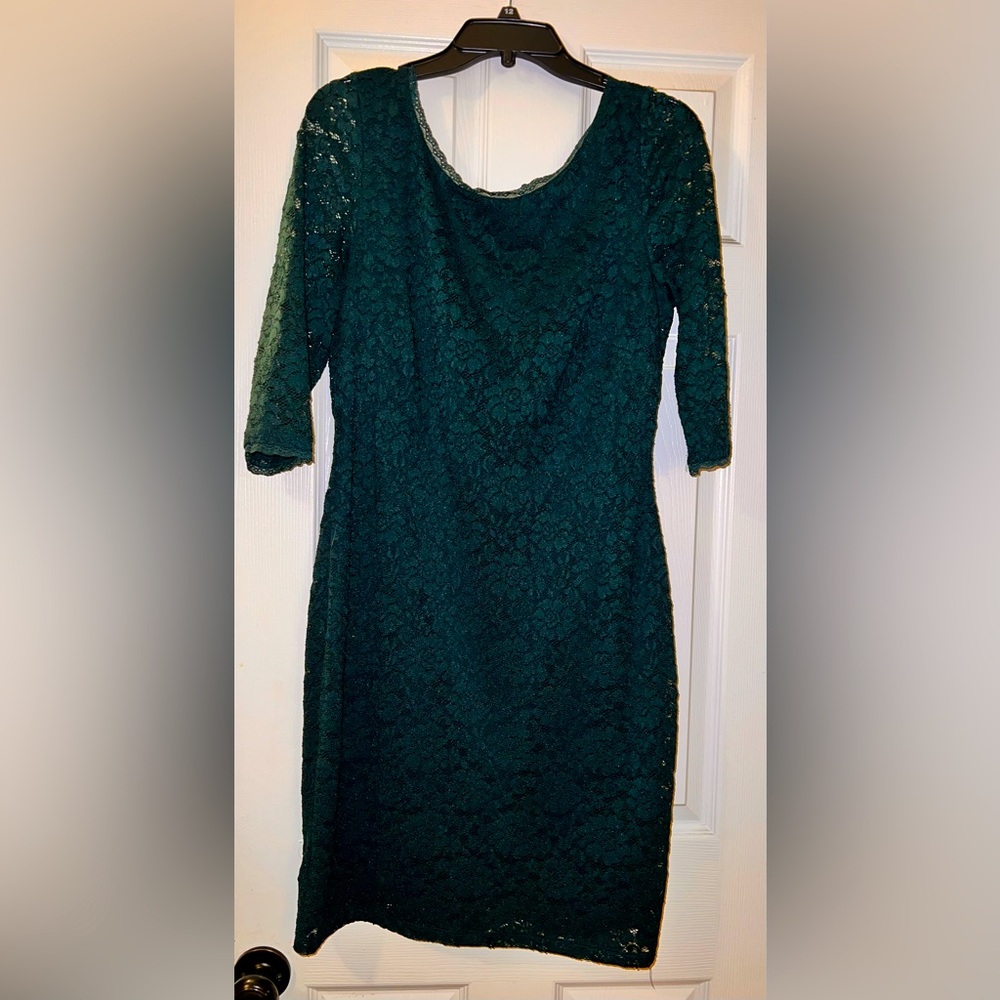 Eliza J Green Lace Overlay 3/4 Sleeve Sheath Dress, Size 14